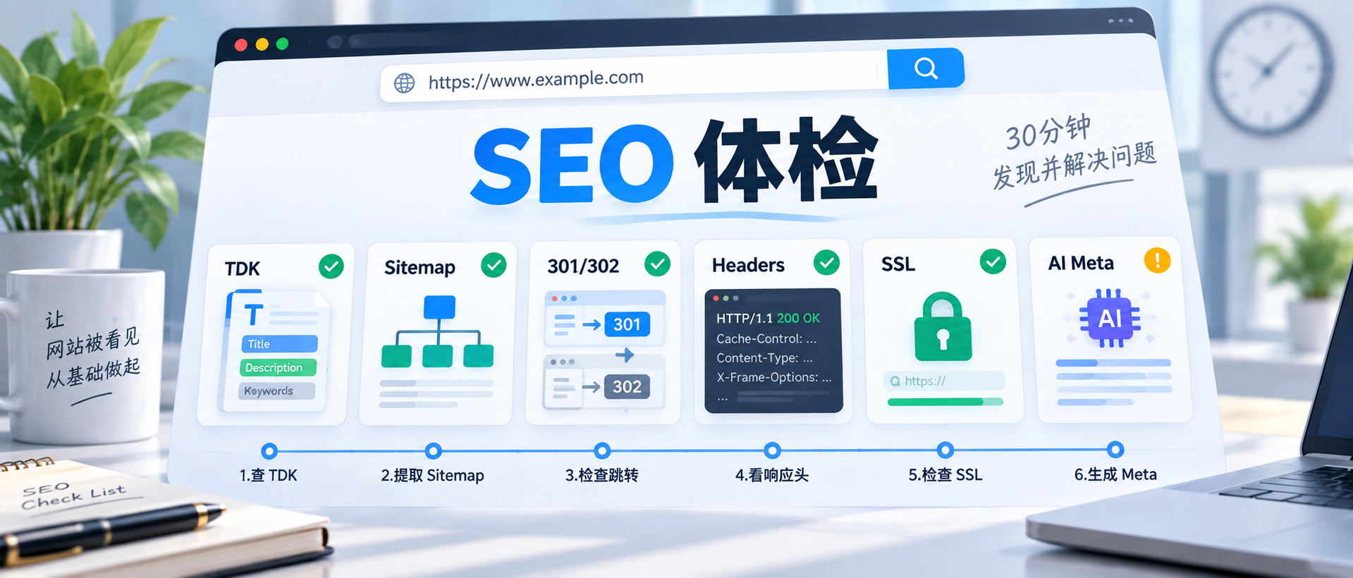 用 6 个工具做一次小网站 SEO 体检：从 TDK 到跳转、抓取与 SSL