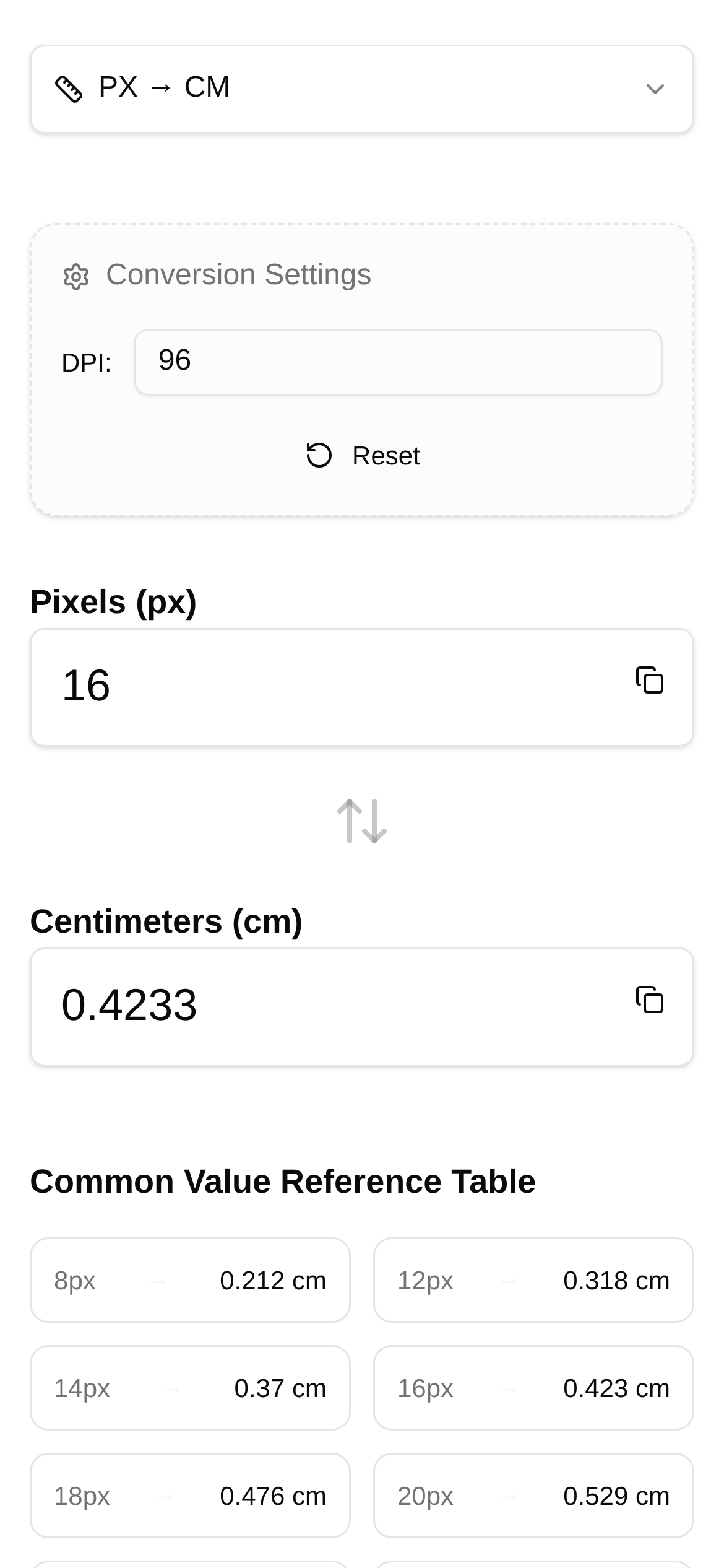 Pixel to Centimeter Converter Interface Screenshot