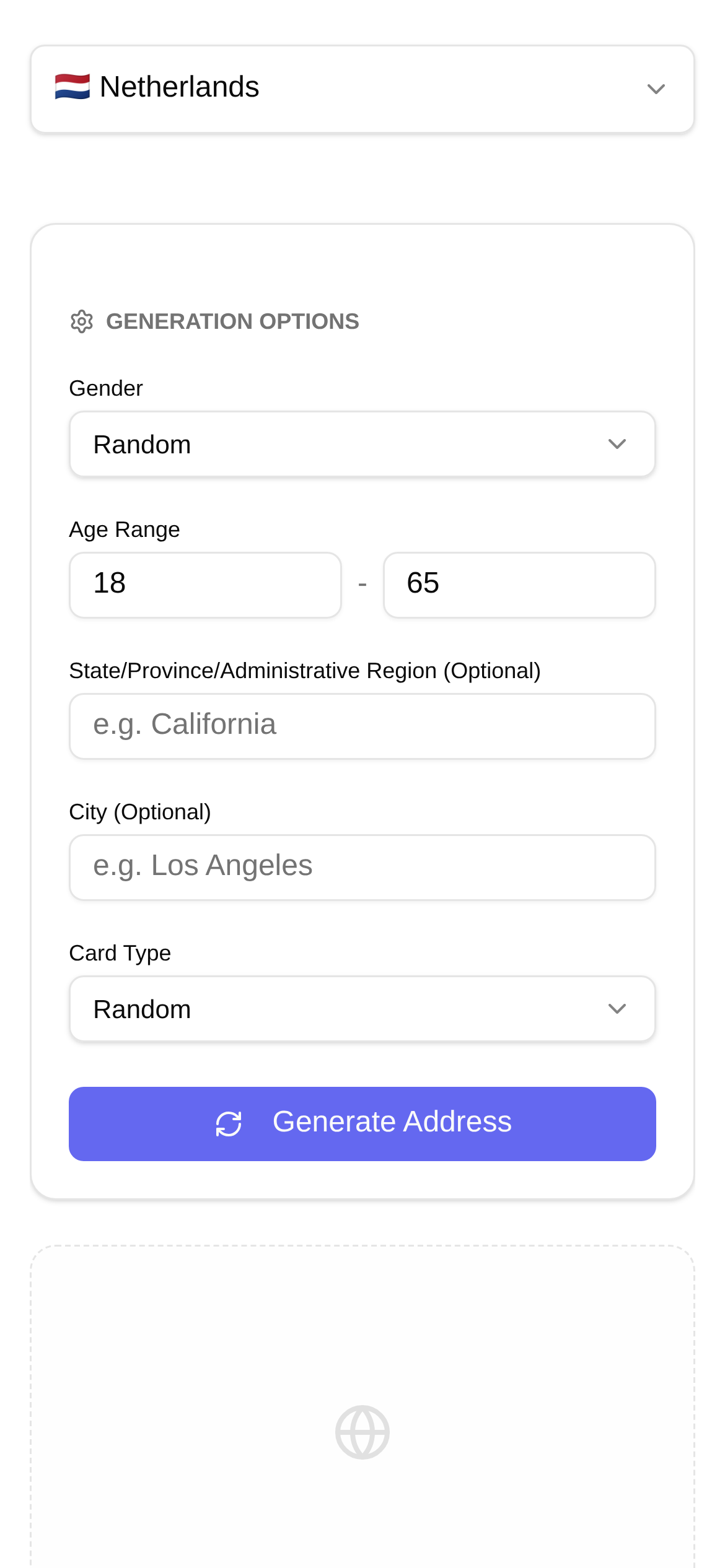 Random Netherlands Address Generator Interface Screenshot